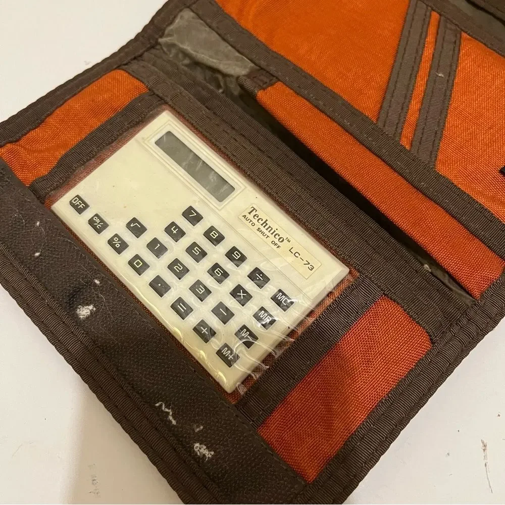 Vintage Rainbow Orange Rust Tri Fold Nylon Wallet w Calculator Hook Loop Closure